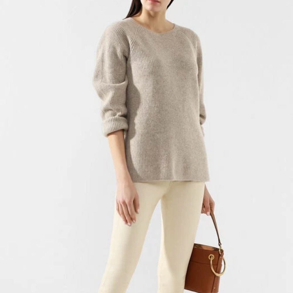 VINCE Ribbed Cashmere & Silk Blend Crewneck Sweater Size M Natural Beige *FLAW